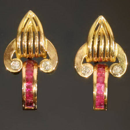Retro gold ruby drop earrings channel setting, circa 1940's
